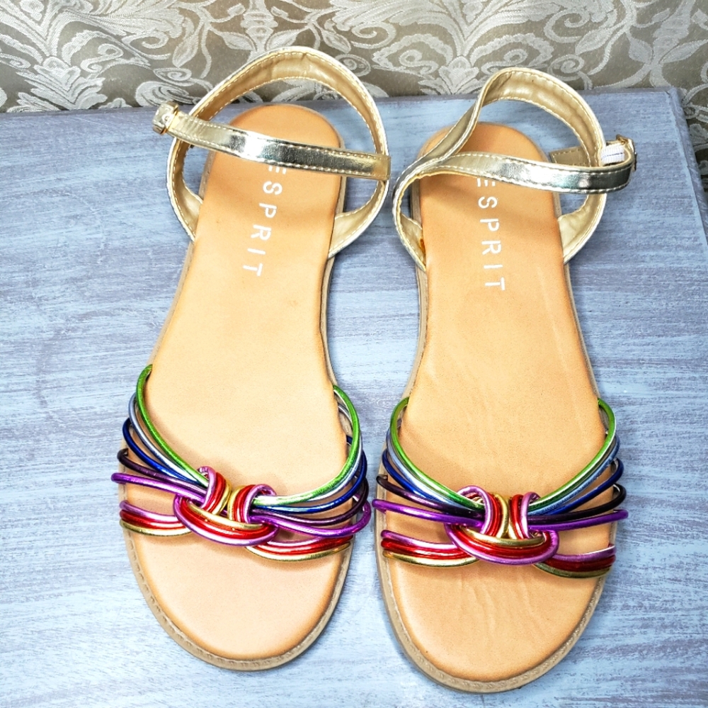 Esprit Sandals with Metallic Gold & Rainbow colored straps Size 4 (Sw)